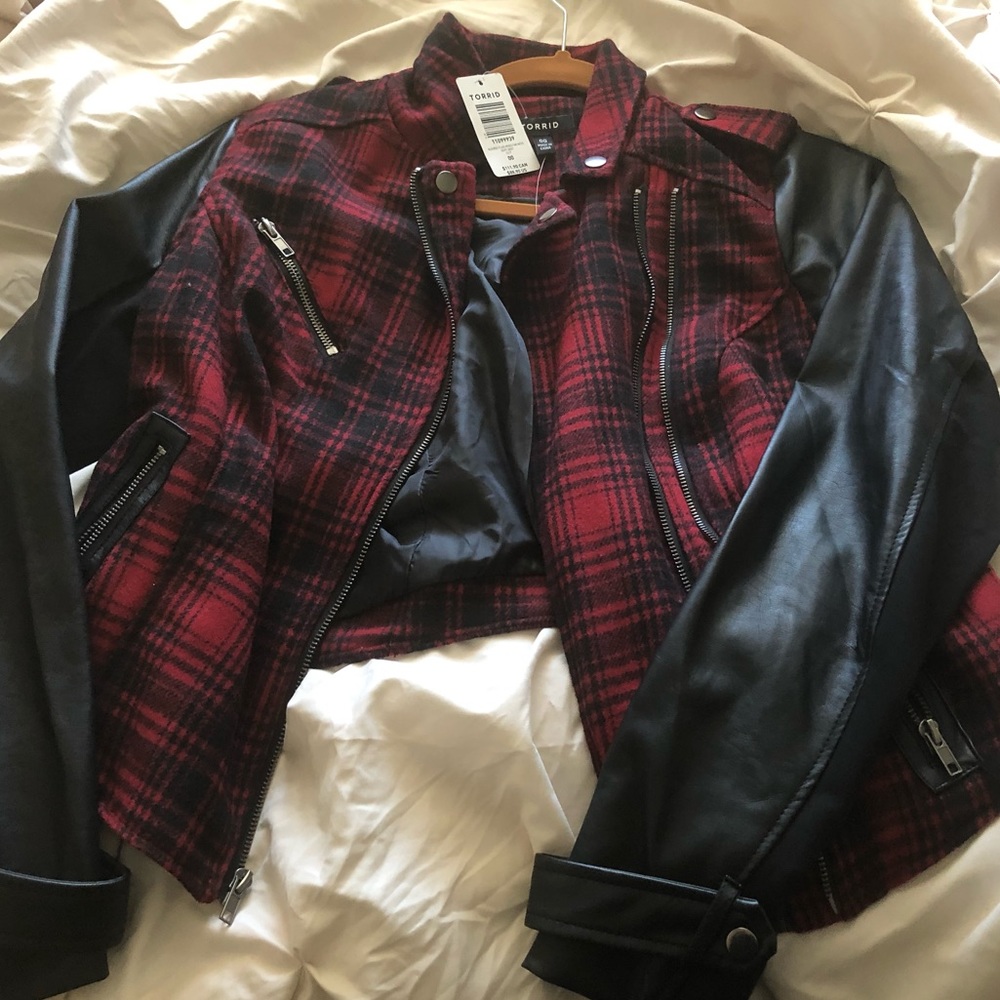 Torrid Red Plaid Leather Moto Jacket
